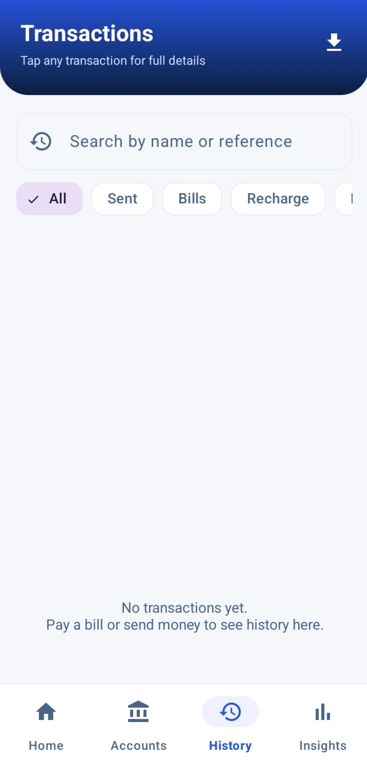 History screen with search and filters