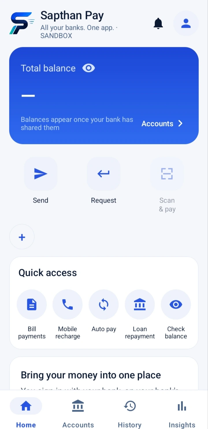 Sapthan Pay home screen: total balance, Send, Request, Scan & pay and quick access to bills, recharge, auto pay, loans and check balance