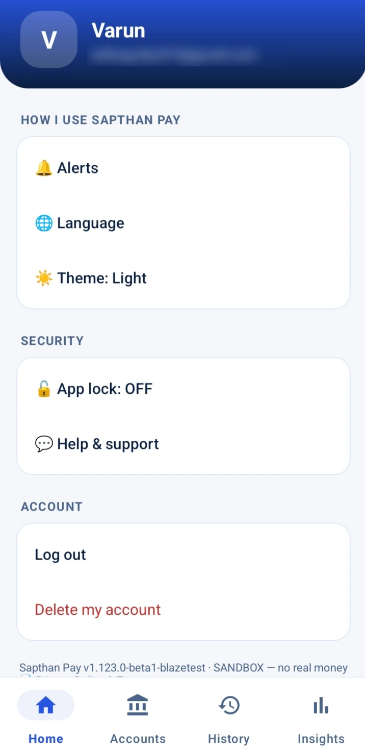 Profile screen with alerts, language, theme, app lock and account settings